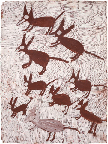 Nyapanyapa Yunupingu Djorra (paper) 6, 2014; TPA080; felt tip pen, earth pigments on discarded print proofs; 75 x 56 cm; Enquire