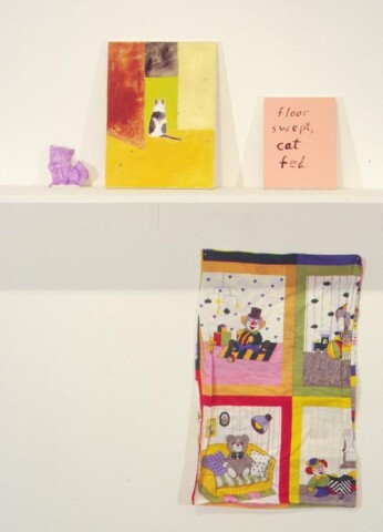 Jenny Watson Floor Swept, Cat Fed No. 4 (Edward), 1999; acrylic on stretcher, painted plaster mould, rabbit skin glue-primed pillow slip; 16'' x 12'', 10'' x 8'', 4'' x 6'', 30'' x 18''; enquire