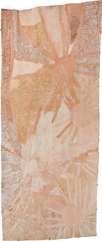 Nyapanyapa Yunupiŋu Ganyu Djulpan, 2019; 7196-19; natural earth pigments on bark; 255 x 108 cm; more info; enquire