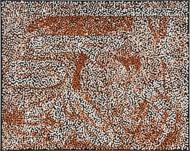 Daniel Boyd Untitled (CREITPOW), 2025; oil, acrylic and archival glue on paper mounted to canvas; 61 x 76.5 cm; enquire