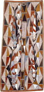 Les Midikuria Balangu, 1993; natural ochre pigments on bark; 80 x 164 cm; enquire