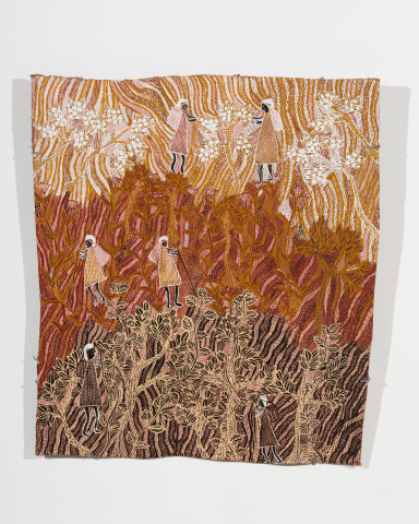 Yalmakany Marawili Miyalk Collecting Bush Ŋatha, 2026; 2316-26; earth pigments on stringybark; 85 x 97 cm; more info; enquire