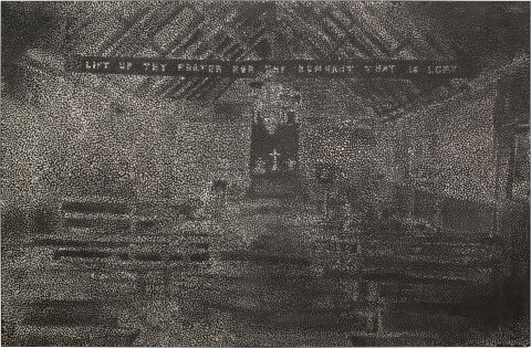 Daniel Boyd Untitled (YC), 2013; oil, charcoal and archival glue on polyester; 196 x 300 cm; enquire