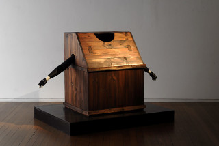 TV Moore The Margery's Box / N.A.N., 2007; wood, black paint, fibreglass, nails, varnish, wax, treated hinges, treated screws, vinyl, sponge, glue; sculpture: 105 x 185 x 75cm; plinth: 16.5 x 155 x 120cm; enquire