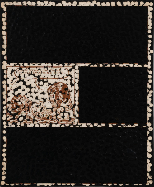 Daniel Boyd Untitled (RBTTBFR), 2025; oil, ink and archival glue on paper mounted to board; 30 x 25 cm; enquire