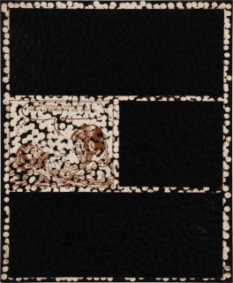 Daniel Boyd Untitled (RBTTBFR), 2025; oil, ink and archival glue on paper mounted to board; 30 x 25 cm; more info; enquire