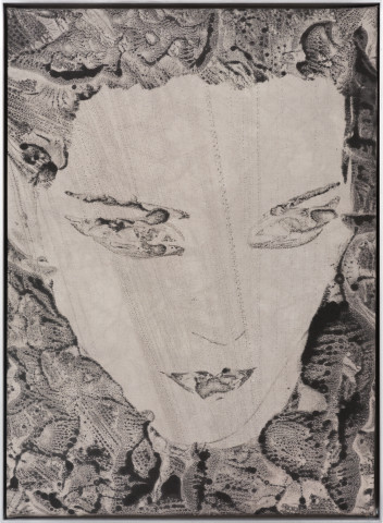 David Noonan Kai, 2023; liquid pigment on hand-dyed fabric, aluminium frame; 57.5 x 42 x 4 cm; enquire