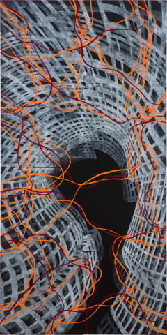 Caroline Rothwell Mycelium, 2023; acrylic, Charbonelle ink, archival graphic film on birch panels; 240 x 120 cm; more info; enquire