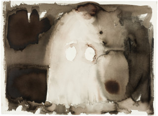 Fiona Hall Caged 1., 2017; Cat no. 52; gouache and tapa dye on rag paper; 57 x 76 cm; enquire