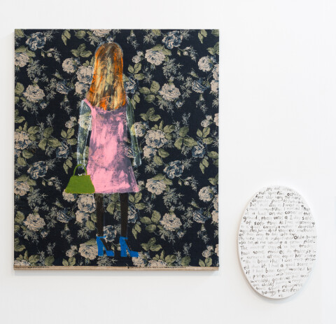 Jenny Watson A mature woman, 2018; acrylic and oil on rabbit skin glue primed Japanese chintz; acrylic on primed canvas; two parts: 107.5 x 91 cm; 51 x 36 cm; enquire
