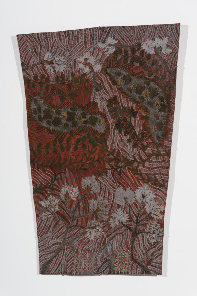 Yalmakany Marawili Curlew at night, 2025; 2223-25; earth pigments on stringybark; 140 x 91 cm; more info; enquire