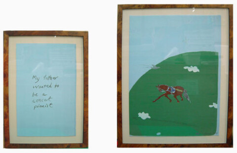Jenny Watson My father's music, 2001; Stone lithographs on various fabrics, Lithographer: Muka Press, Auckland; 76 x 55 cm; 56 x 27 cm set of 5 images (2 pieces each) edition of 20; Edition of 20; enquire