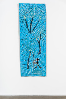 installation view; Dhambit Munuŋgurr Gunga, 2024; 6802-24; acrylic on bark; 195 x 70 cm; enquire