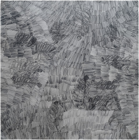 Nyapanyapa Yunupingu Dharpa Malany, 2014; G03; felt tip pen, earth pigments on discarded photography backdrop (paper); 130 x 130 cm; Enquire