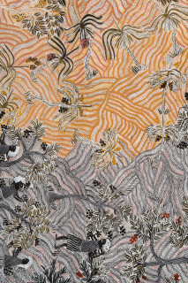Yalmakany Marawili Harvesting fruit (detail), 2025; 3525-25; earth pigments on stringybark; 216 x 97 cm; enquire