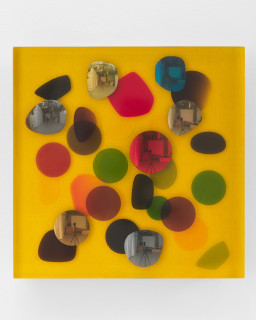 Jim Lambie April 1984, Sunlight Bathed In Golden Glow, 2026; resin, sunglasses lens, birch plywood, paint; 33 x 33 x 5 cm; enquire