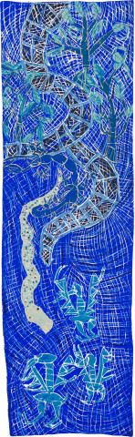 Dhambit Munuŋgurr Wandawuy, 2021; 1231-21; earth pigments and acrylic on bark; 279 x 85 cm; more info; enquire