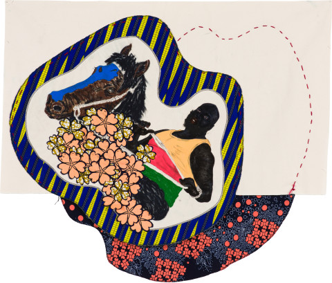 Pierre Mukeba (Watenda Mabaya Waliiba) (WEZI)/A gallop (on Napoleon’s Nag) across the bed of flowery thieves) Barbaric whips to kill against God’s will), 2022; Kikwembe, calico, oil paint, ink, brush pen, acrylic paint, pastel, fabric on unprimed canvas; 110 x 130 cm; more info; enquire