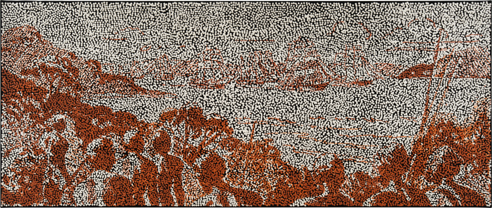 Daniel Boyd Untitled (WTMAGTBTDOU), 2025; oil, acrylic and archival glue on paper mounted to canvas; 78 x 186 cm; more info; enquire