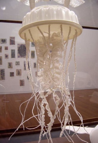 Fiona Hall Cell Culture (detail), 2002; glass, metal, pvc, beads in vitrine; 158.1 x 250.2 x 90.2 cm; dimensions variable; enquire