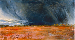 Mandy Martin Dry Lunette at Dribbling Bore, Storm due North, 1997; oil, ochre, pigment on linen; 56 x 30 cm; enquire