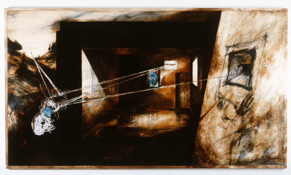 Richard Goodwin&nbsp;Exoskeleton Room, 1988; acrylic, graphite &amp; oil on canvas; 165 x 290 cm