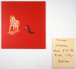 Jenny Watson Keeping the Wheels On, 1994; Oil on red velvet; 96 x 90 cm &amp; 61 x 46 cm; enquire