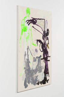 Tom Polo soft surrender in purple and green, 2026; acrylic on polycotton; 182 x 138 cm; enquire