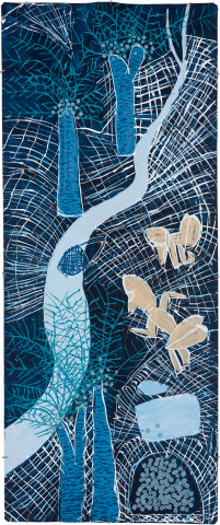Dhambit Munuŋgurr Ḏingu, 2023; 2191-23; acrylic on bark; 207 x 85 cm; enquire