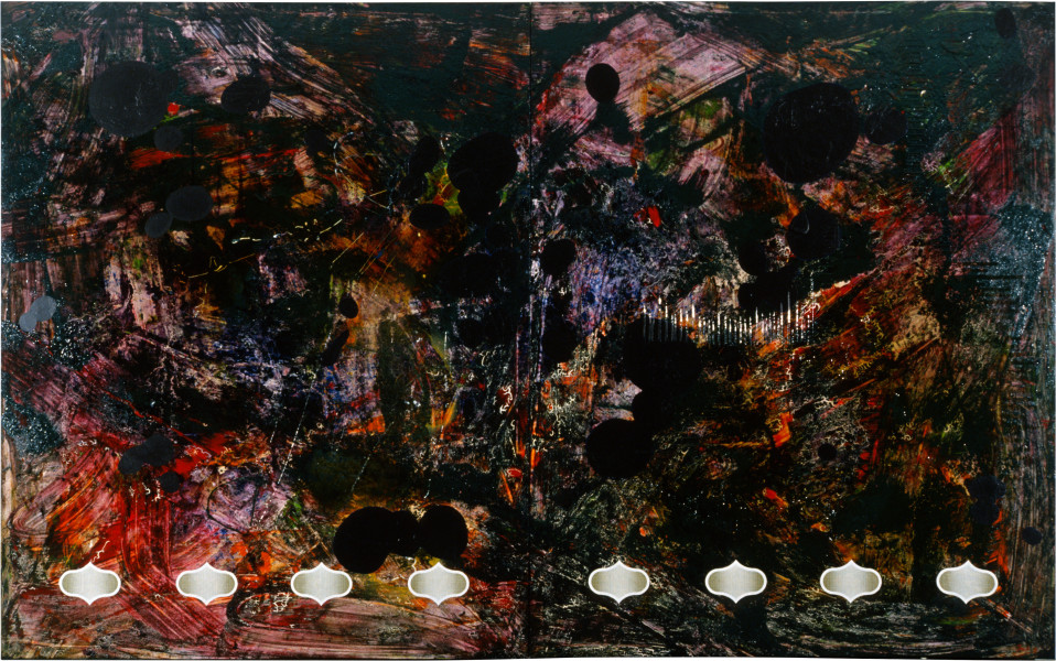 Okay Get Down And Shout—Under The Tank Stand, 1989; acrylic resin & printed vinyl on canvas; 240 x 400 cm