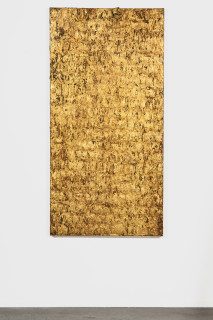 installation view; Kirtika Kain Untitled ii, 2026; cotton, wax, charcoal, gold leaf, sand and tar; 183 x 91 cm; enquire