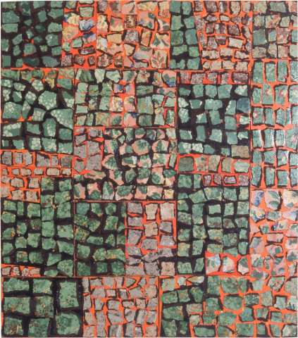 Rosalie Gascoigne Maze, 1992; linoleum, retro-reflective roadsign and plywood; 82 x 73 cm; enquire