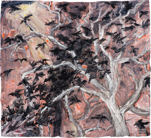 Fiona Hall Counting For Nothing 12, 2024; oil paint on aluminium drink cans; approx. 30.5 x 33.5 cm; enquire
