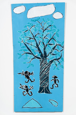 Dhambit Munuŋgurr Munydjutj, 2024; 6325-24; acrylic and earth pigment on bark; 218 x 105 cm; enquire