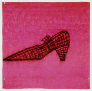 Jacqueline Fraser >, 2002; from the series Jacqueline Fraser 14.7.2002 Parisian Fabric Drawings; Oil stick on pink water stained taffeta; 32 x 32 cm; enquire