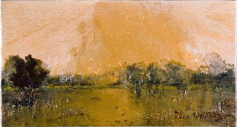 Mandy Martin Lunettes and Islands on Claypan, 1997; oil, ochre, pigment on linen; 56 x 30 cm; enquire