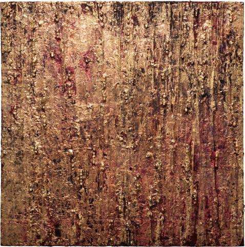 Kirtika Kain Blue Bloods VII, 2023; wax, gold leaf, tar, acrylic paint, coconut leaf grass, lotus seeds, artist pigment; 120 x 120 cm; more info; enquire