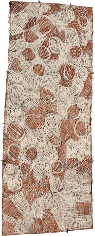 Nyapanyapa Yunupiŋu Circles, 2011; 3915U; natural earth pigments on bark; 103 x 41 cm; enquire