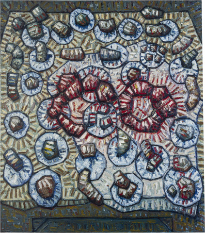 Keith Looby A Molliseum Smorgas, 1983-84; from the series Bureaucracy Suite; oil on canvas; 200 x 200 cm; enquire