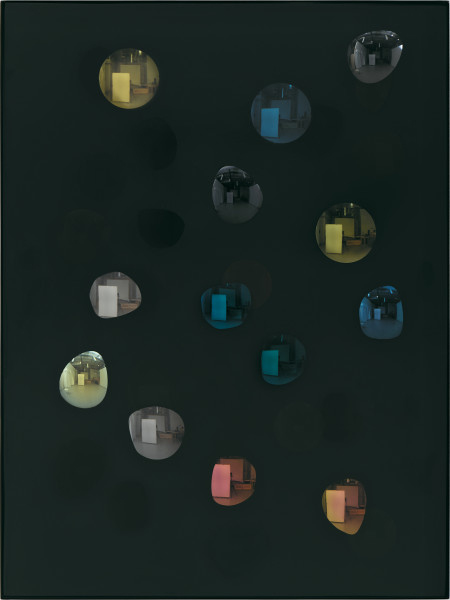 Jim Lambie May 1993, Petrichor Rising, 2026; resin, sunglasses lens, birch plywood, paint; 60 x 45 x 5 cm; enquire