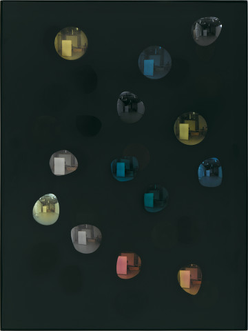 Jim Lambie May 1993, Petrichor Rising, 2026; resin, sunglasses lens, birch plywood, paint; 60 x 45 x 5 cm; more info; enquire