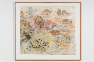 John Wolseley Walk across geological strata - Proterozoic to late Silurian: each step a million years III, 2025-26; watercolour, graphite, charcoal and nature prints on paper; 107 x 124 cm; 134 x 149 cm (framed); enquire