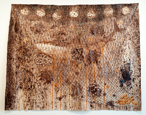 Fiona Hall Fools Gold, 2012; Tongan ngatu dye and ochre on barkcloth; 310 x 390 cm; enquire