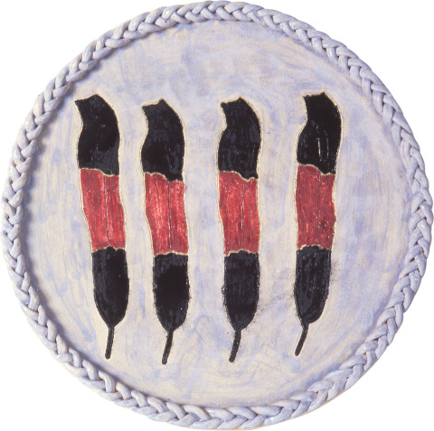 Fiona Foley Four Black Cockatoo Feathers, 1998; glazed ceramic plate; 37.5 diameter; enquire
