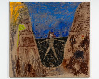 Jenny Watson Woman in a hole, 1990; oil, Indian pigments, haberdashery and collage on Belgian linen; 173.5 x 183 cm; enquire
