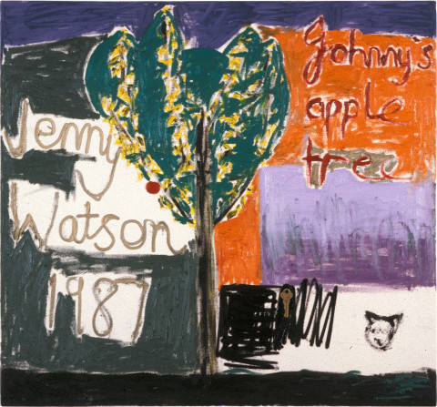 Jenny Watson Johnny's Apple Tree, 1987; oil, gouache and key on duck,; 71 x 71 cm; enquire