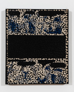 Daniel Boyd Untitled (PTNBLT) (detail), 2025; oil, ink and archival glue on paper mounted to board; diptych; 30 x 25cm each; enquire