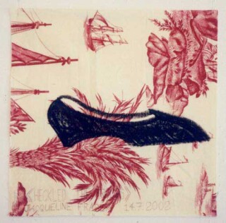 Jacqueline Fraser >, 2002; from the series Jacqueline Fraser 14.7.2002 Parisian Fabric Drawings; Oil stick on cream and red aquataine print; 32 x 32 cm; enquire