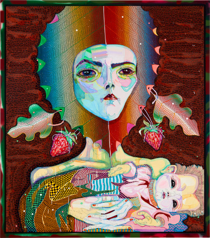 Del Kathryn Barton kiss me mother - kiss your darling, 2019; acrylic on French linen, hand finished frame; 160 x 140 cm; Enquire