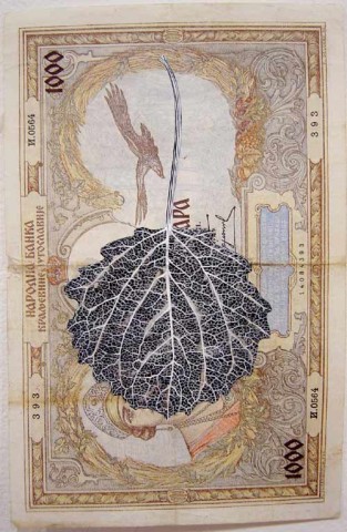 Fiona Hall Leaf Litter (detail), 2000-02; gouache on banknotes; dimensions variable; enquire